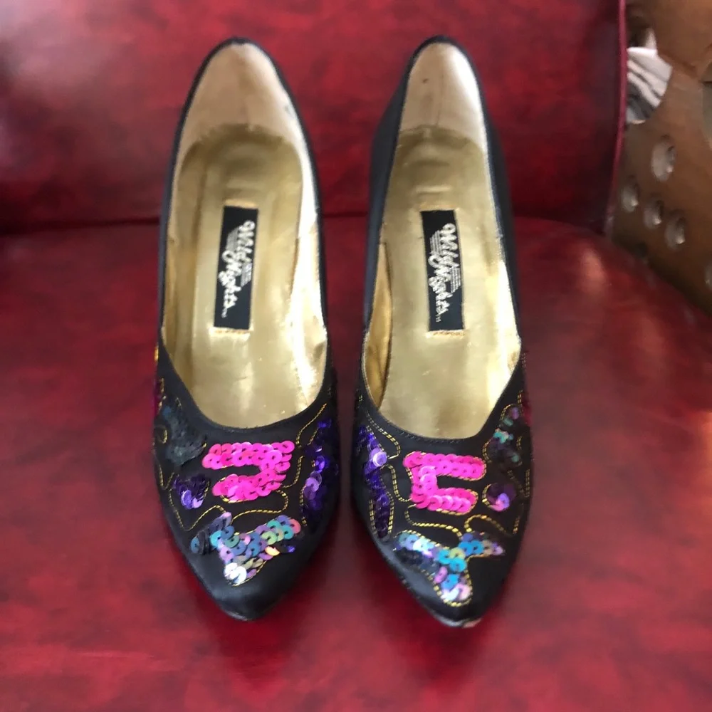 Vintage 80s Black Sequin Embellished Women's High Heels